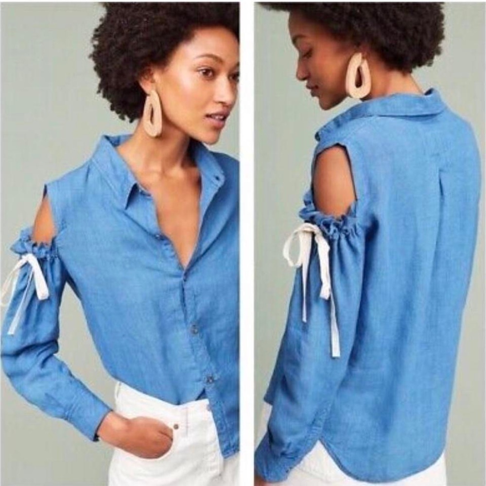 Modern Anthropologie Rails NWT Cold Shoulder Indie Linen Blue Blouse , Size M. - Picture 1 of 4